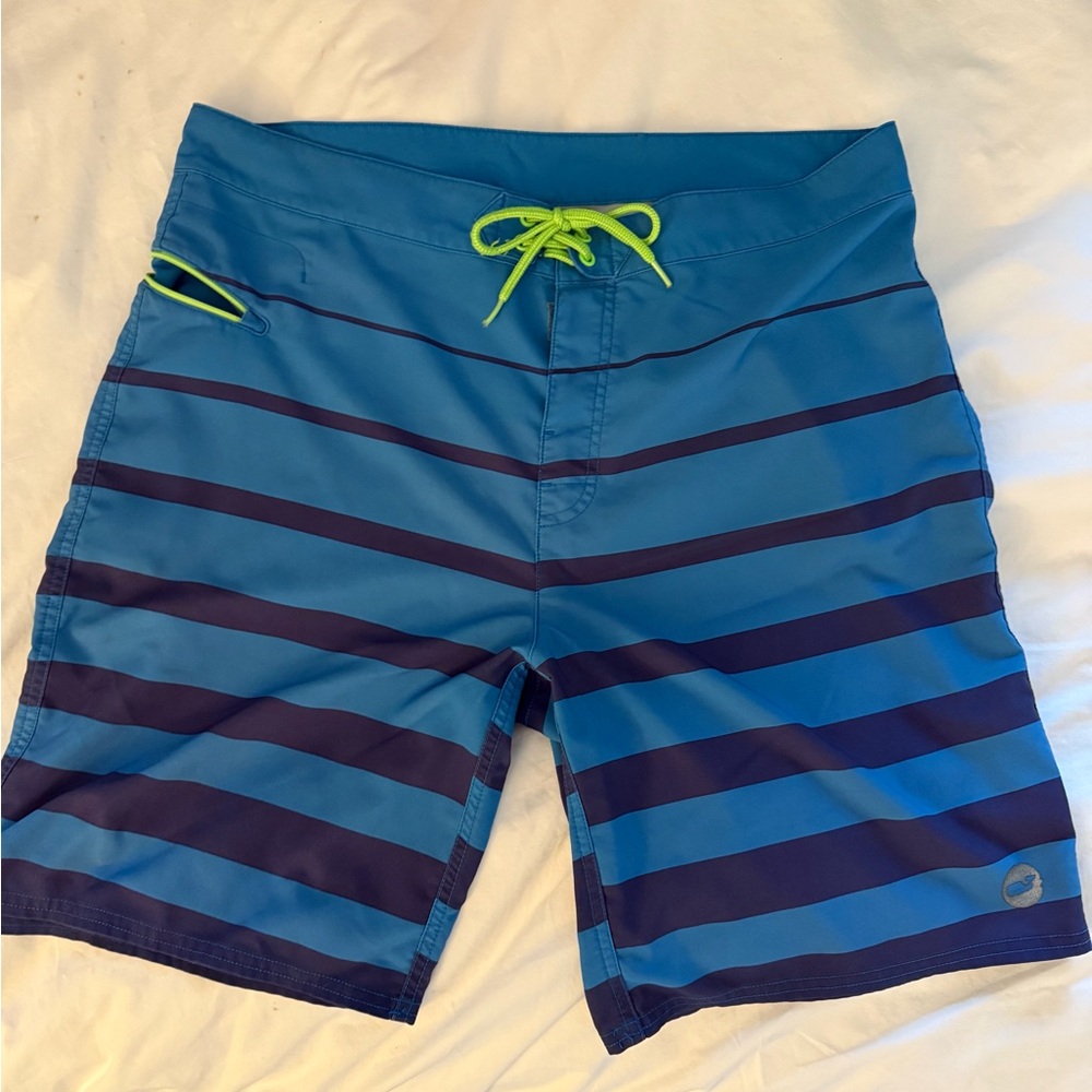 Blue Striped Swim Shorts with Neon Accents